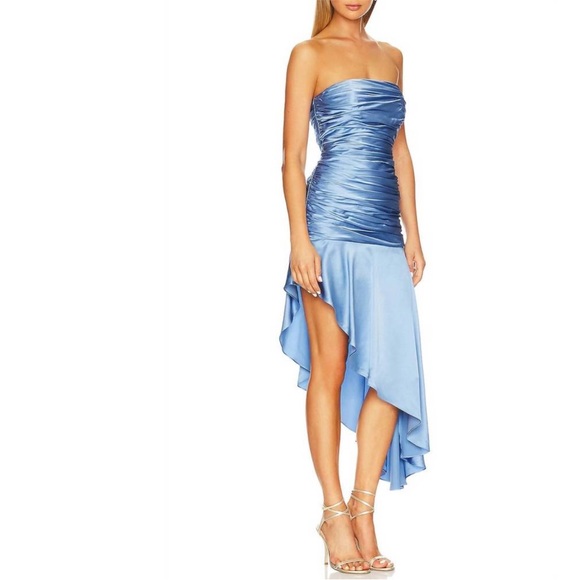 CINQ À SEPT Eliza Ruched-bodice High-low Strapless Silk Dress In deja blue